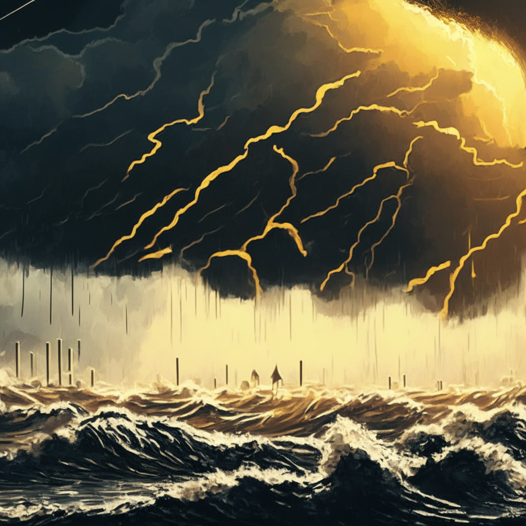 SEC charges on crypto exchange, troubled TUSD minting pause, massive liquidations scene, a stormy financial landscape, dark clouds looming over crypto market, contrasting stark shadows, chaos in the foreground, golden hues of opportunity on the horizon, turbulent waves of uncertainty, somber mood, expressionist style image.