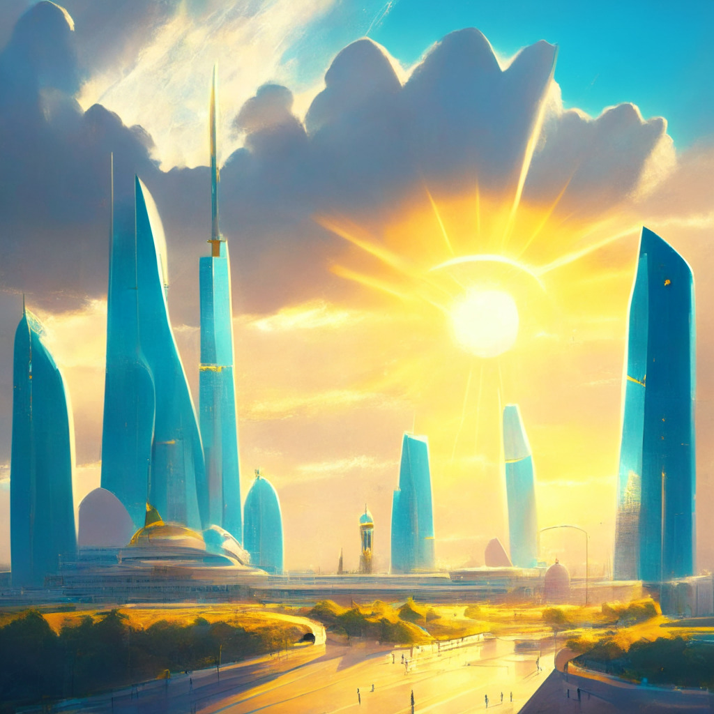 Kazakhstan cityscape with futuristic buildings, Binance CEO meeting President Tokayev, signing MoU, citizens trading crypto, sunlight breaking through clouds, impressionist style, warm and hopeful mood, secure government-regulated platform, path towards digital innovation, rays of light symbolizing regulatory acceptance.
