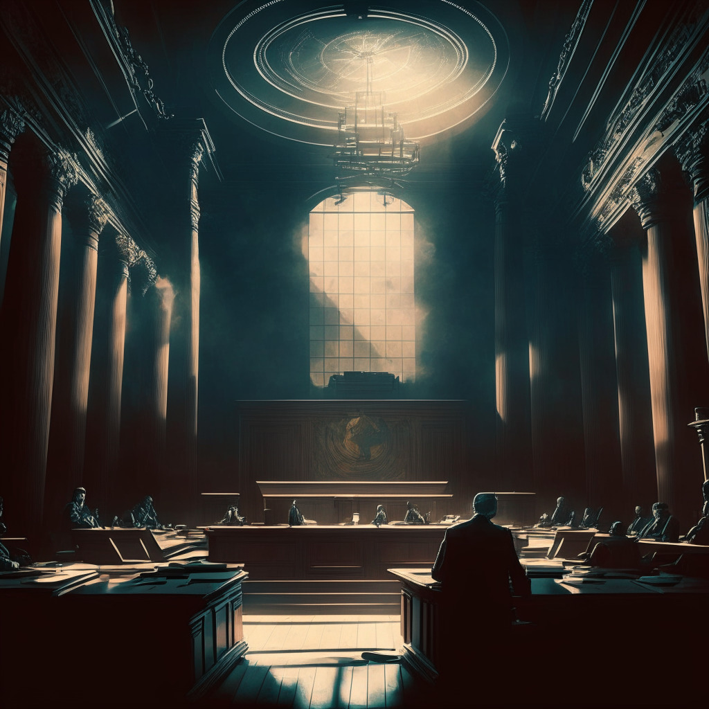 Cryptocurrency exchange in regulatory storm, moody courtroom setting, dramatic chiaroscuro lighting, intense scrutiny, balance between innovation and compliance, EU regulatory landscape backdrop, Financial Conduct Authority casting a shadow, voluntary withdrawal of permissions, uncertain future.