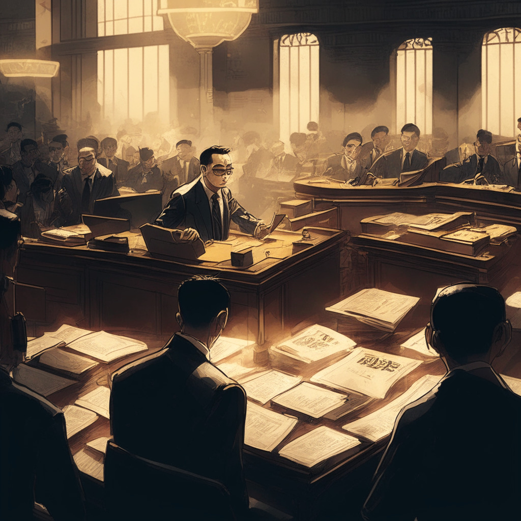 Intricate courtroom scene, Binance CEO Changpeng Zhao at center, legal documents hovering, crypto coins and bank buildings in background, chiaroscuro lighting, tense atmosphere, contrasts in transparency.