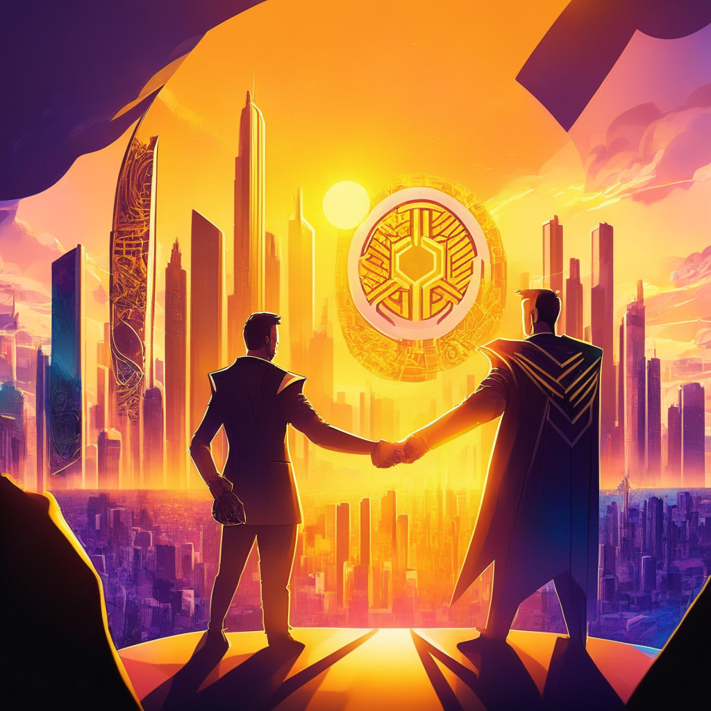 Sunrise over a futuristic city skyline, cryptocurrency symbols in the sky, Binance CEO triumphantly shaking hands with SEC official, users exchanging digital assets, a shield symbolizing security, vibrant colors and sleek art style, blending hope and determination, reflecting a milestone resolution and a bright future for crypto industry.