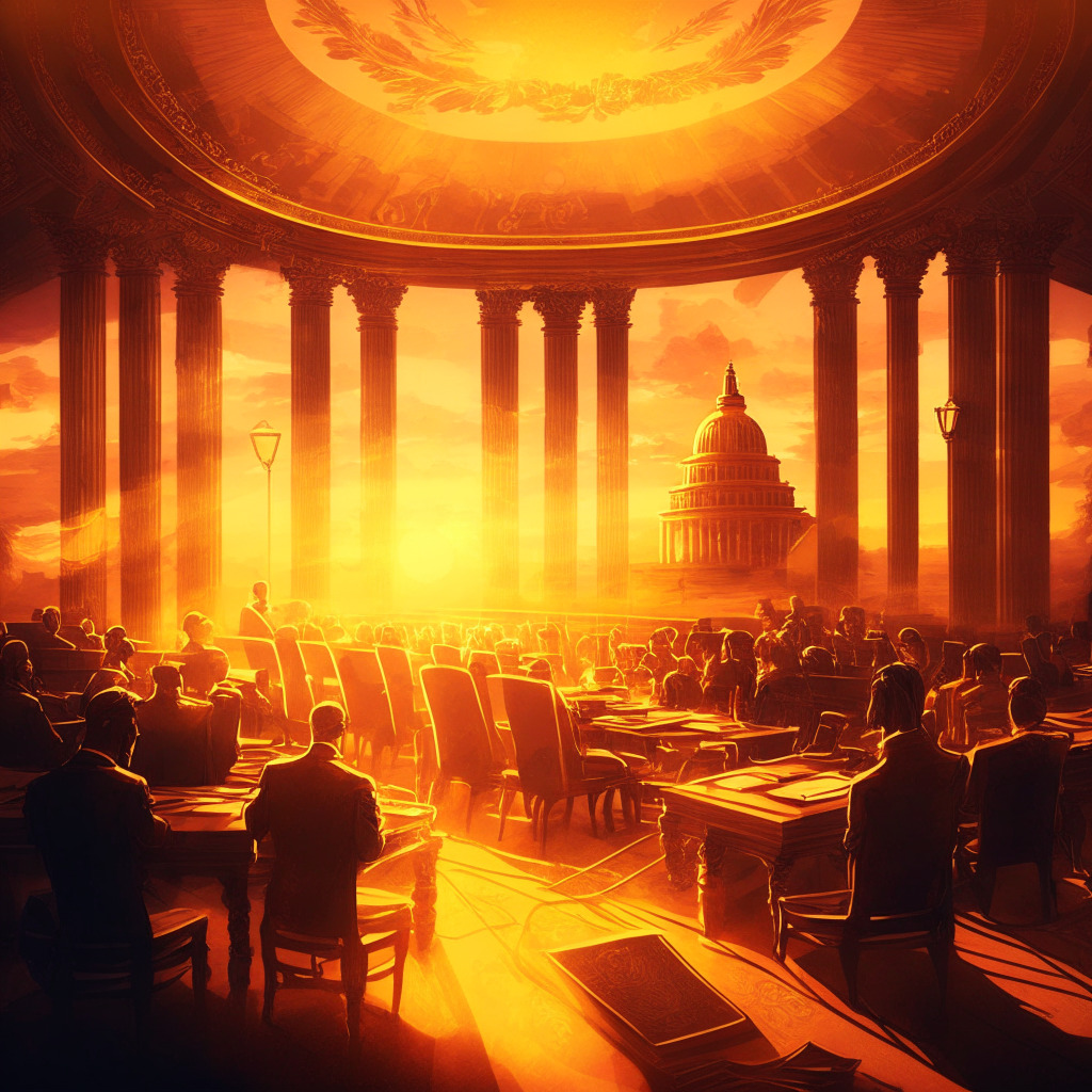 Intricate legislative scene, warm golden light, Baroque style, regulators and lawmakers working together, digital asset representations, harmony between SEC and CFTC, soft textures, hopeful mood, signs of collaboration, delicate balance, foreground highlighting a unified path, sunset over financial landscape.