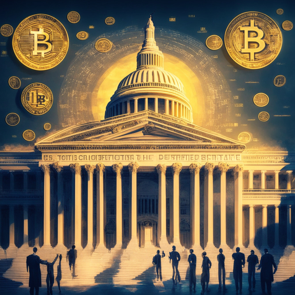 Surreal US Capitol building, lawmakers discussing cryptocurrency, blend of political party symbols, golden scales of regulation balancing innovation & oversight, luminous text mentioning stablecoins, subtle light hints at bipartisan collaboration, shades of optimism & uncertainty in the mood.