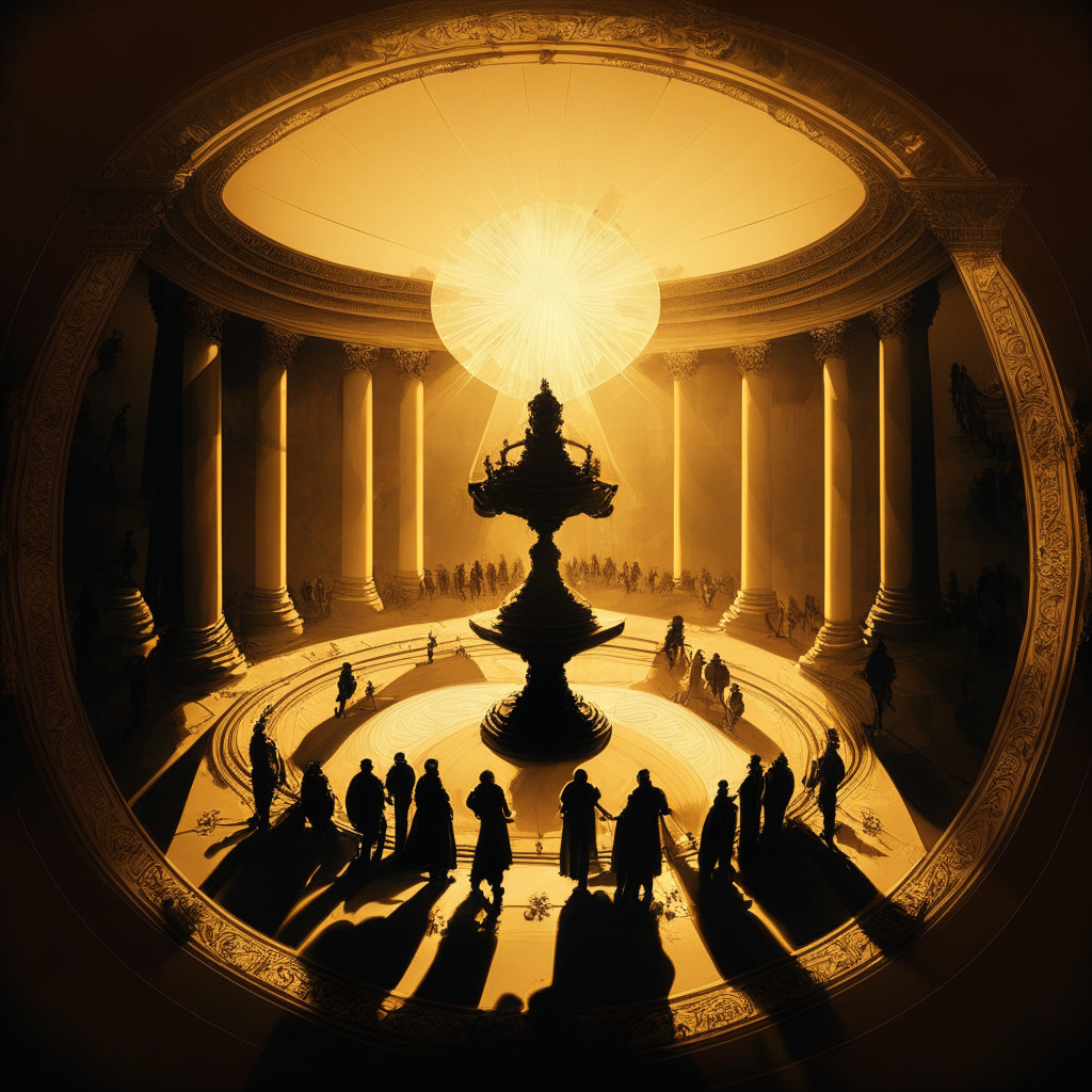 Intricate debate scene, two opposing groups, golden scale in the center symbolizing balance, warm light from above, Baroque artistic style, mood of serious deliberation, digital currency elements subtly incorporated, shadows hinting at uncertainty, U.S. Capitol building in the background.