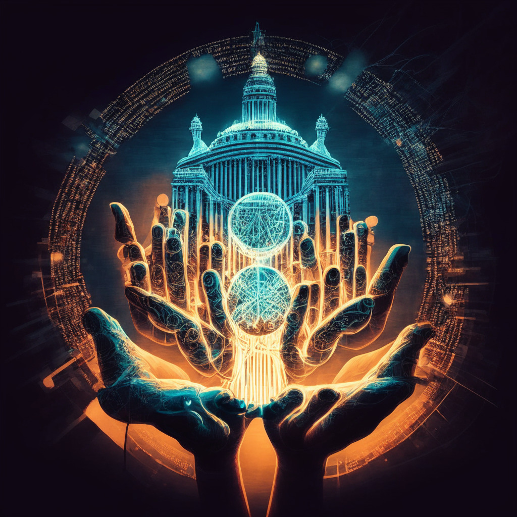 Intricate artwork displaying Capitol Hill, bipartisan collaboration, key signatures of crypto legislation, diverse hands holding a bill, glowing innovative technology symbols, warm yet focused lighting, sense of unity and progress, desire for clarity amidst complex politics, hopeful yet uncertain atmosphere.