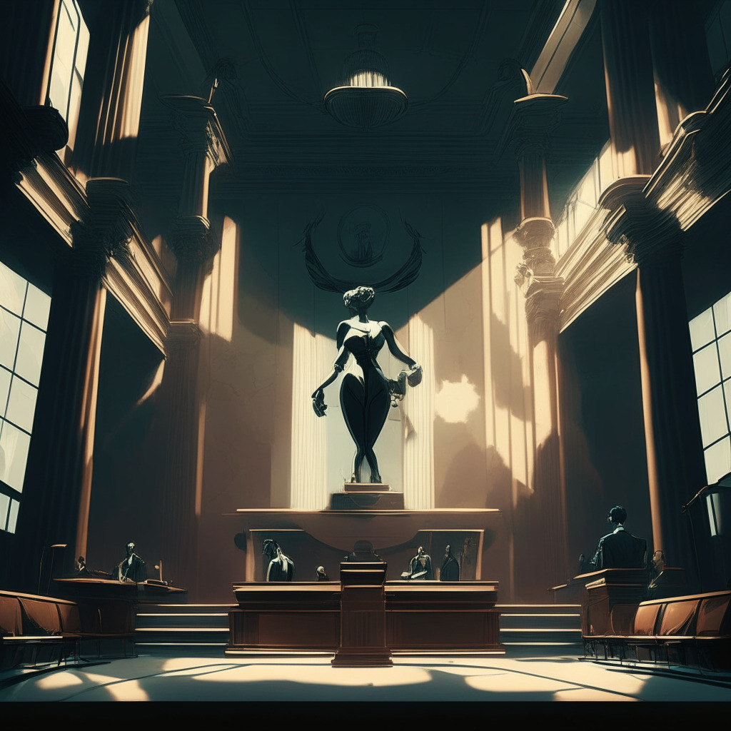 Landmark NFT ruling scene, intricate courtroom setting, muted color palette, chiaroscuro lighting, a hint of Art Deco style, two opposing sides conveying a tense mood, digital art merging with luxury fashion, emphasizing ethical practices and regulations, intellectual property rights at the core, 350 characters max.