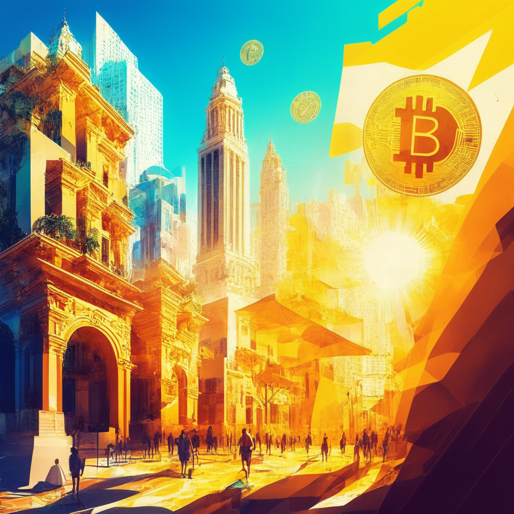 Spanish crypto exchange's growth, vibrant Latin American market, digital wallets & virtual currency, concerns for transparency & regulation, optimism for future, warm sunlight permeating cityscape, abstract artistic fusion of traditional & futuristic architecture, contrasting hues of ambition & caution, dynamic atmosphere of progress.