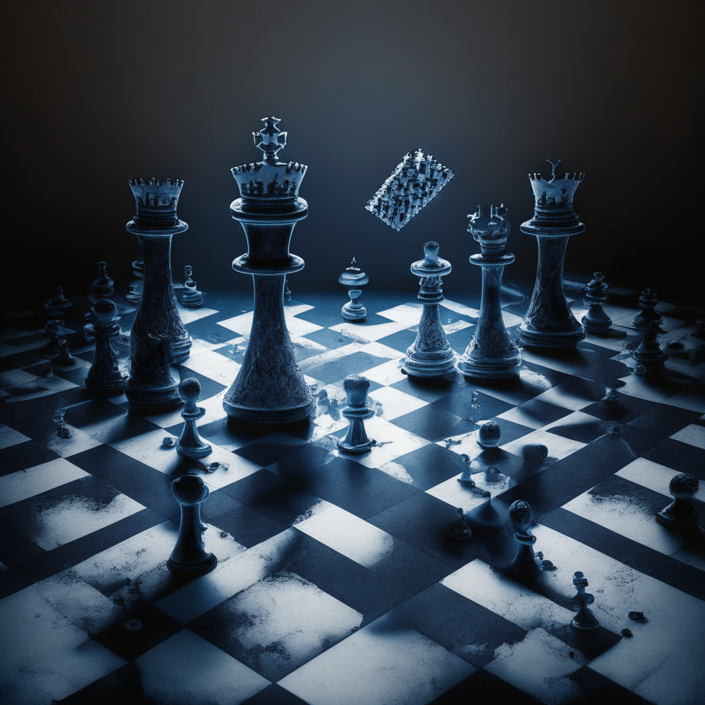 Cryptocurrency merger collapse, intricate financial turmoil, contrasting light and shadow, somber mood, adaptive growth in a dynamic market, cautionary tale for due diligence, regulatory oversight, vigilant chess pieces, exploring new strategic paths, interconnected digital gears.