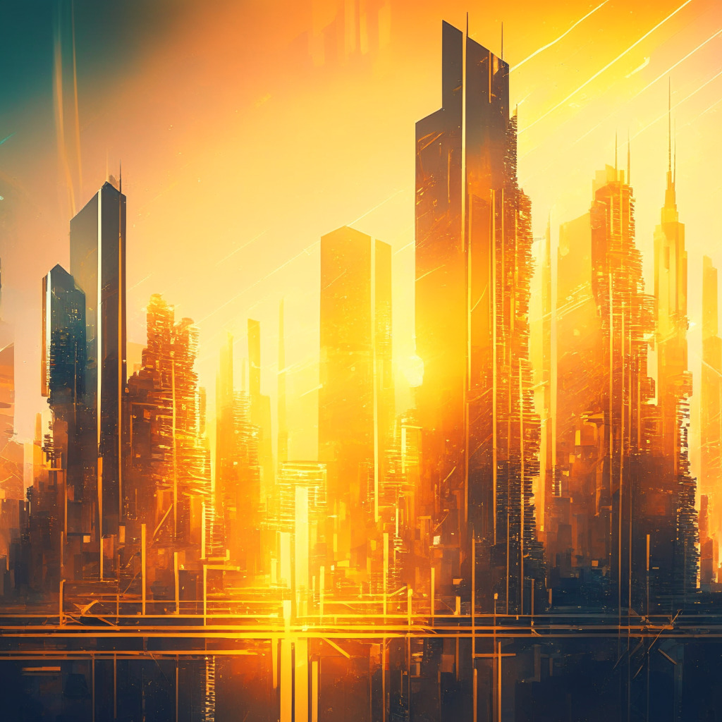Digital asset business merger, futuristic city skyline, glowing connections between buildings, abstract painting style, warm golden hour light, hint of optimism, secure digital space, sense of transformation and expansion, robust and interconnected financial infrastructure, professional and innovative atmosphere.