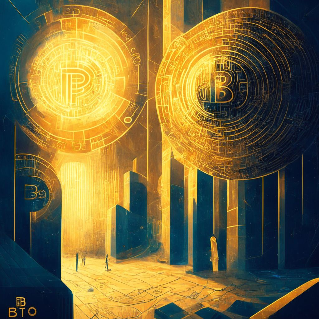 Crypto custodians, BitGo acquiring Prime Trust, dawn of new era, fintech integration, intricate blockchain network, potential SEC regulation challenges, golden-hued light, subtle air of uncertainty, modern expressionist style, dynamic balance between innovation and compliance.