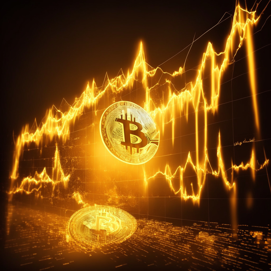Golden-hued bitcoin soaring above $31,000, contrasting light & shadow play, hints of euphoria as market trends upward, diverse animations of traders confidently engaging, dimmed trading volume bar chart, glowing long-term HODLers, spot ETF application & mining investment symbols, balanced mood of jubilation & caution.