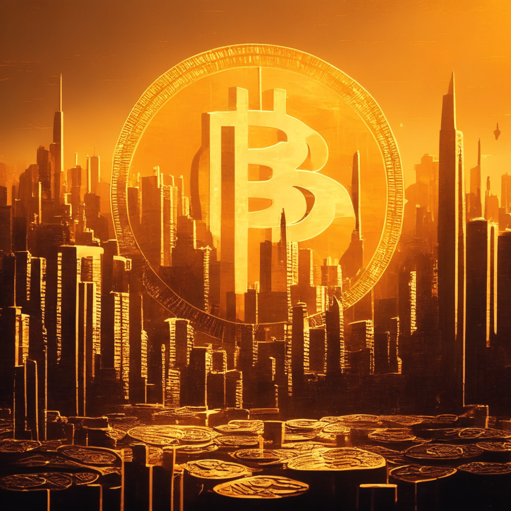 Intricate cityscape with Bitcoin symbols, long-term investors accumulating coins, warm sunset glow, strong contrast between shadows and highlights, hopeful mood, dominant shades of gold and orange, depth achieved through subtle atmospheric perspective, a reflection of the positive trend amid regulatory risks.