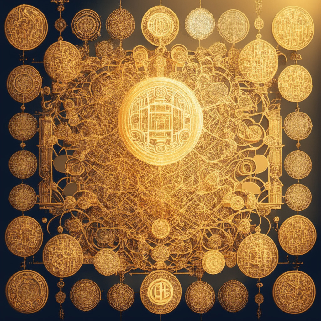 Intricate blockchain network, golden bitcoin coins, diverse group of people investing, subtle upward trend, gentle light cascading from top left corner, warm color palette, Baroque artistic style, hopeful and optimistic atmosphere, unique abstract patterns.