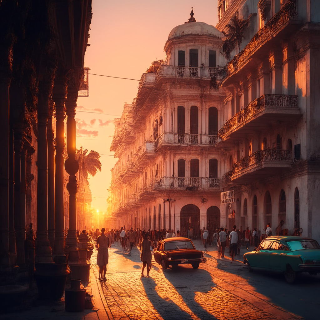 Havana street scene at sunset, old-fashioned Cuban architecture, bustling private businesses, people exchanging Bitcoin, warm colors, Baroque-style patterns, soft glowing light, economic freedom atmosphere, mix of traditional and modern elements, sense of hope and financial autonomy. (350 characters)