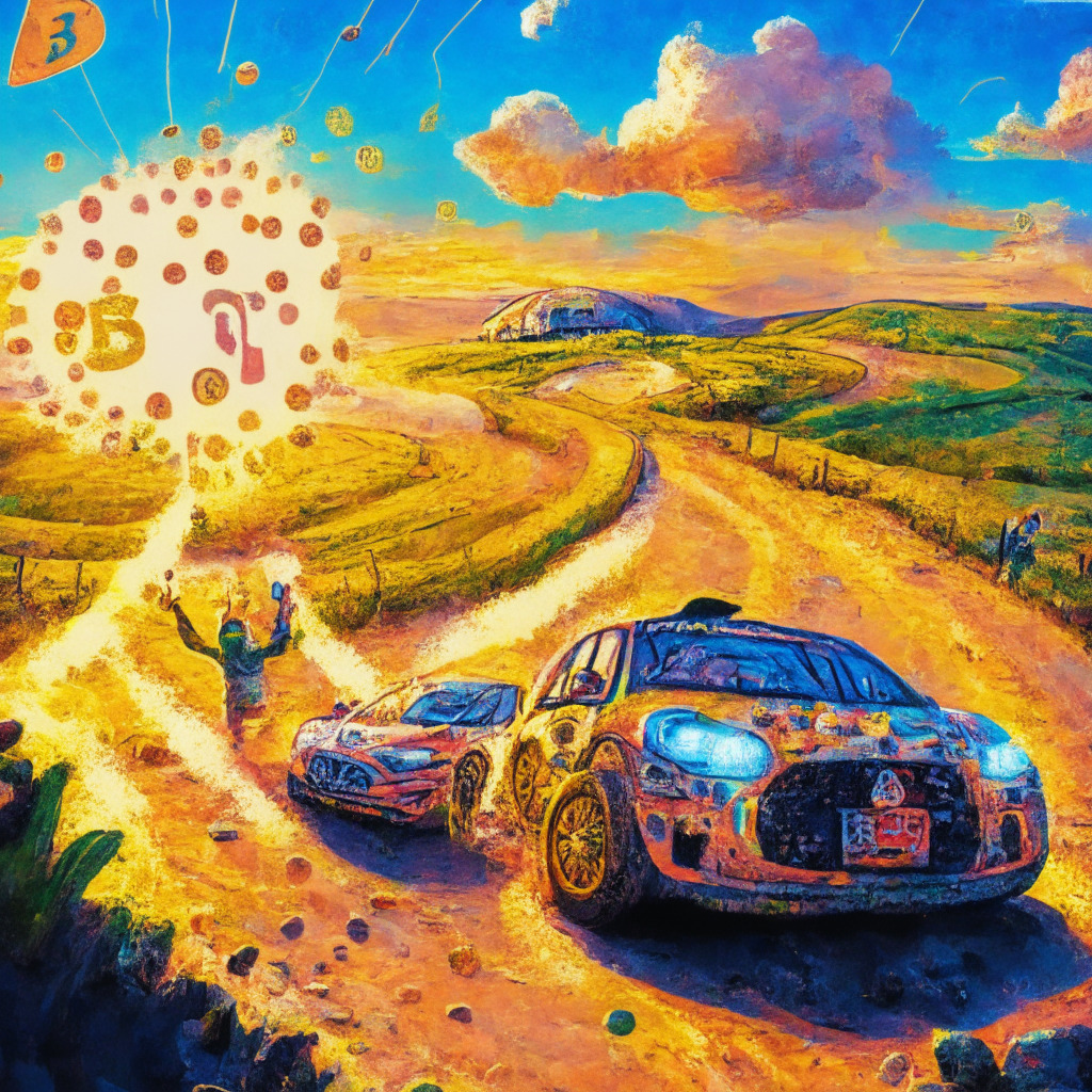 Intricate European rally adventure scene, Bitcoin-themed car, bright colors, excited spectators, Bitcoin Ambassadors, lively mood, countryside backdrop, sunset lighting, Impressionist style, joyous atmosphere, vehicle spewing crypto symbols, educational conversation bubbles, path indicating long journey ahead.