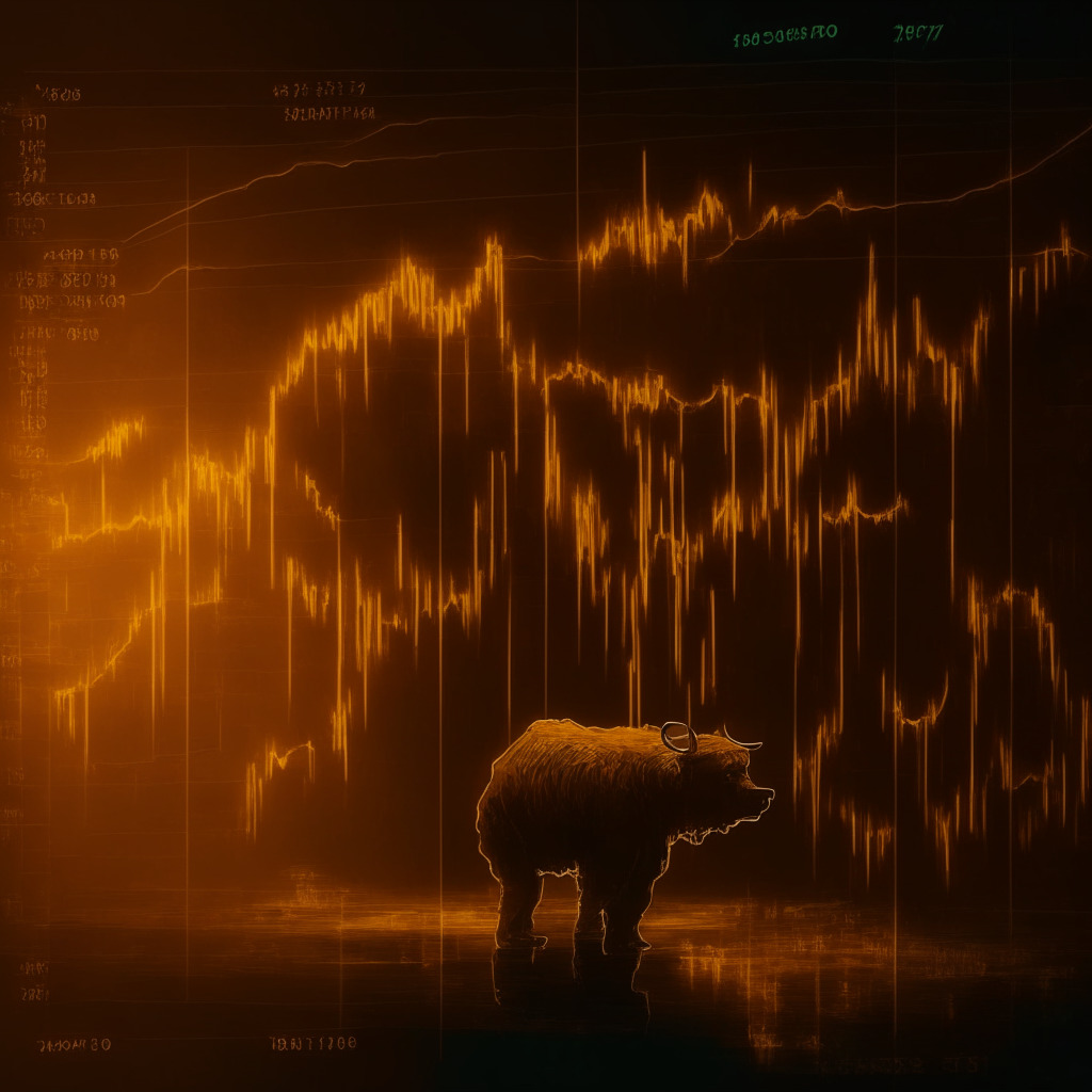 Cryptocurrency theme, bearish reversal, recovery rally, descending channel pattern, neutral sentiment, crucial support levels, $26,500-$26,000 range, possible downtrend, golden hour lighting, subdued color palette, Rembrandt-style chiaroscuro, moody and contemplative atmosphere, uncertain future, technically-focused composition.