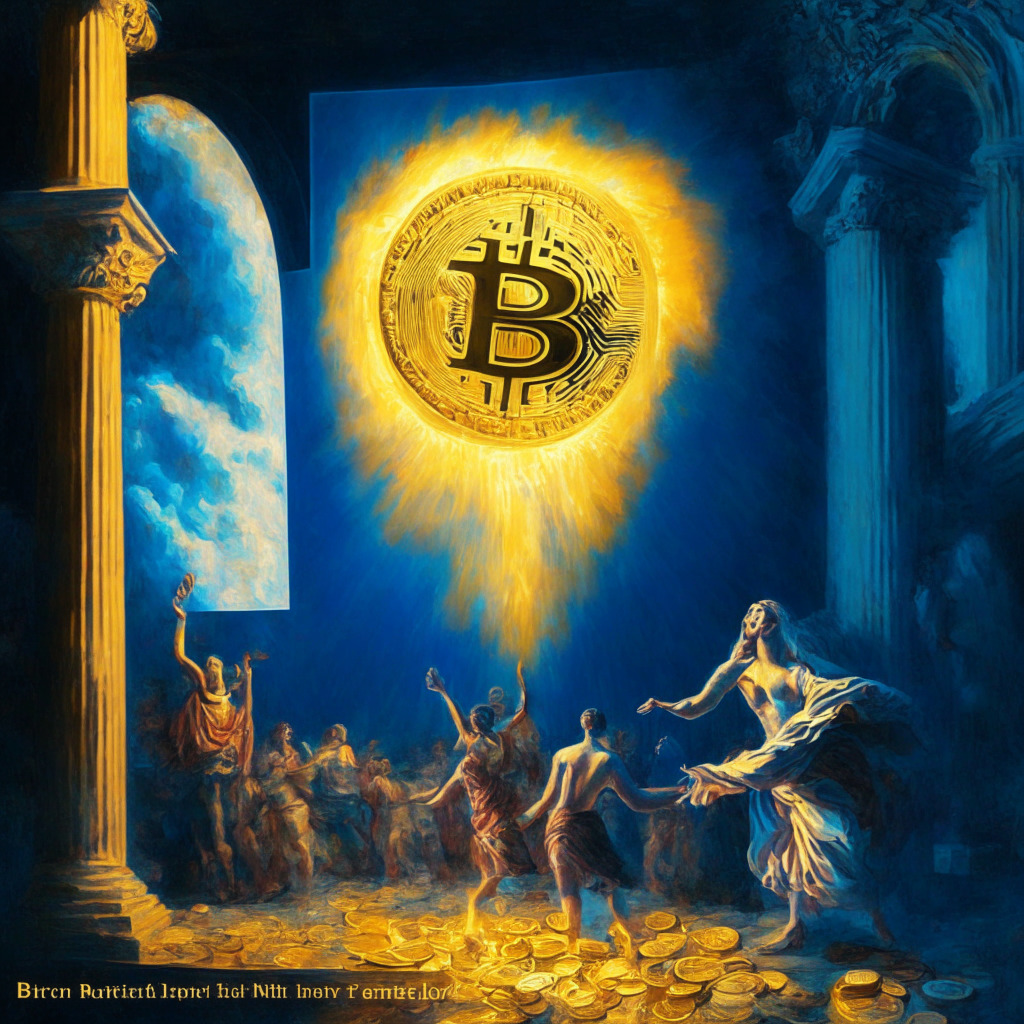 Bitcoin boom & caution, Matrixport's GFI at 93%, market optimism, Prime Trust's financial troubles, JPM Coin expands to euro payments, Siemens' first euro transaction, blockchain usage, Bitcoin accumulation in large holder addresses, dynamic crypto world, chiaroscuro lighting, Renaissance painting style, juxtaposition of hope & uncertainty, vibrant palette.