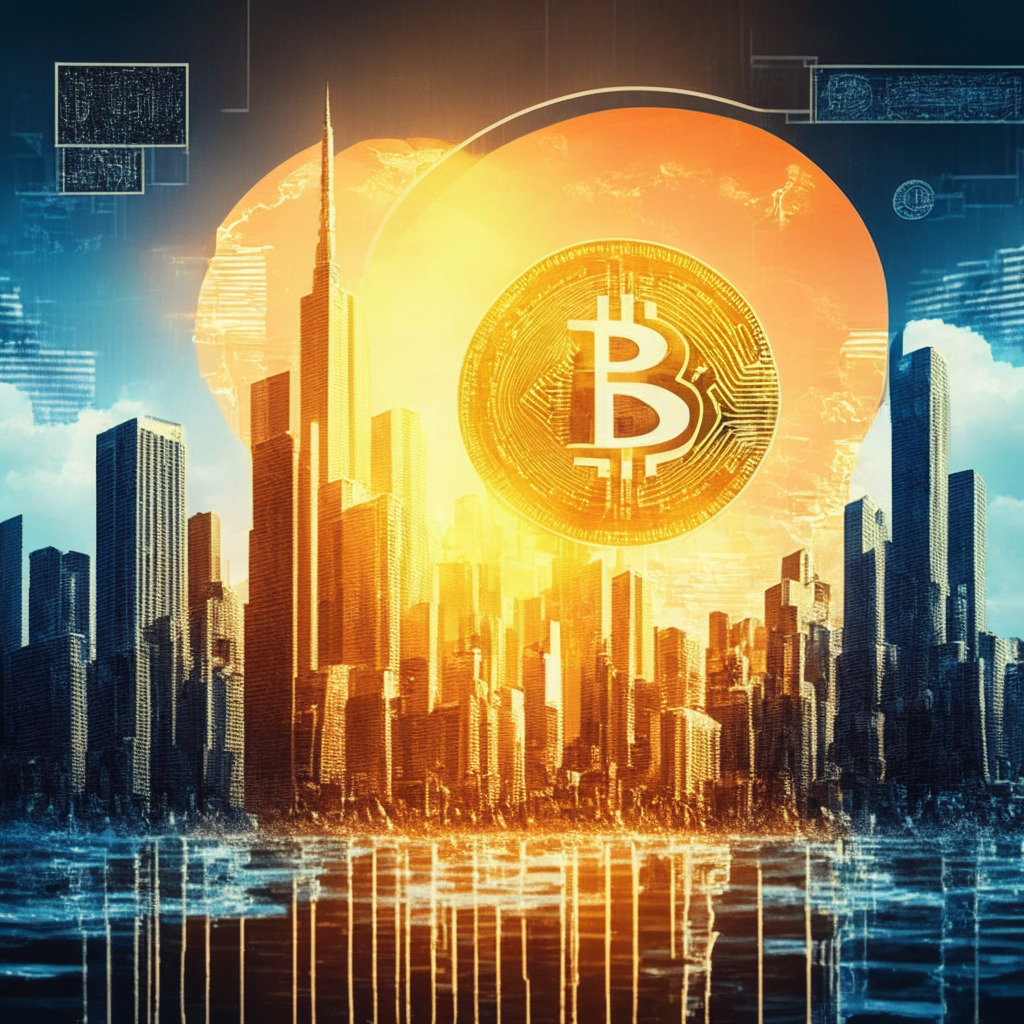 Bitcoin breakout, innovative financial hub, global competition, sunlit skyline, modern cityscape, diverse flags, digital currency exchange, techno-grunge art style, energetic ambiance, glimmer of optimism, contrast of regulatory dilemmas, neutral tones, dynamic movements, fusion of tradition and innovation, sense of urgency, cross-border progress.