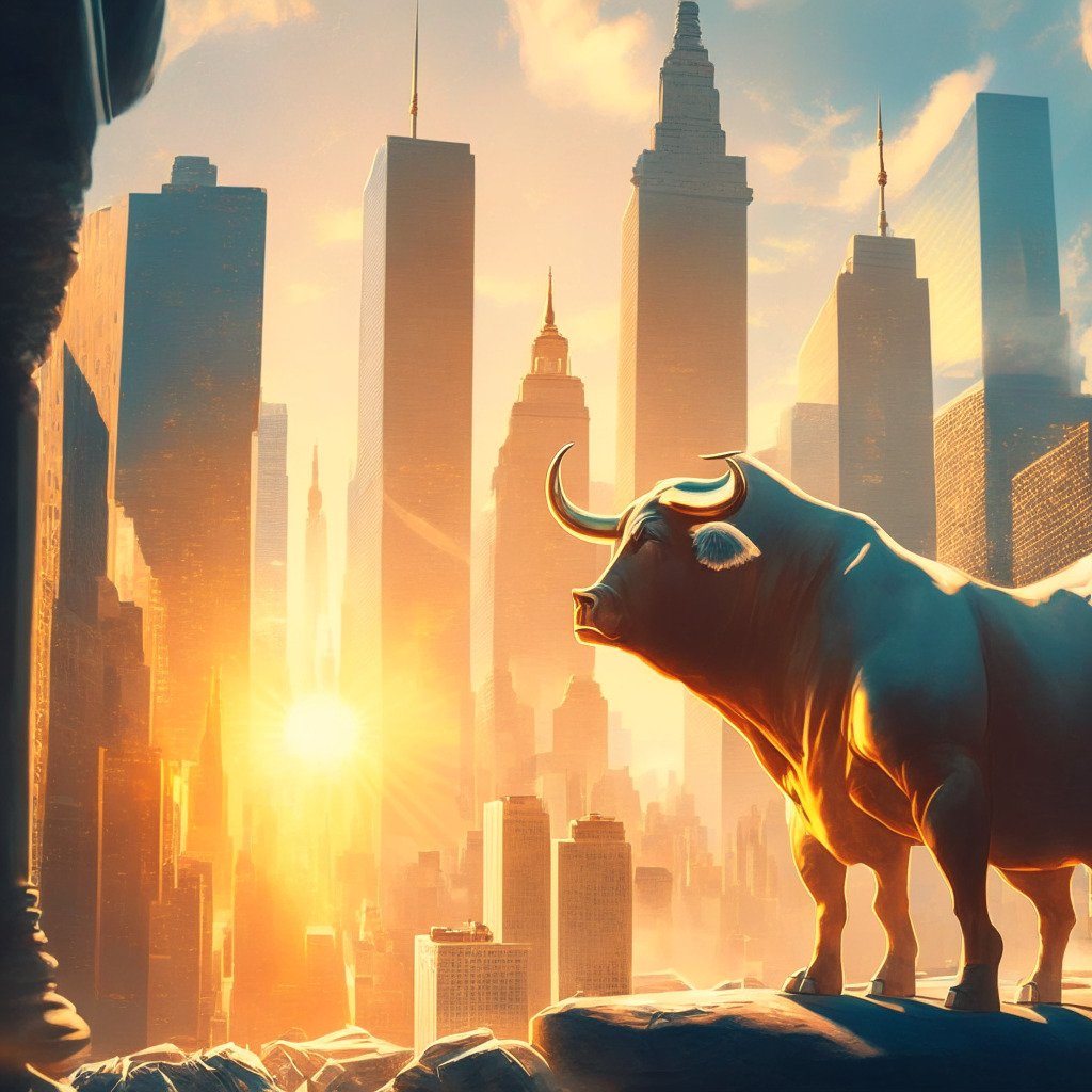 Sunlit crypto market scene, triumphant bull overlooking city skyline, Bitcoin hovering near $35,000, subtly glowing ETFs, serene atmosphere, a blend of classical and modern art styles, confident mood with a hint of cautious optimism.