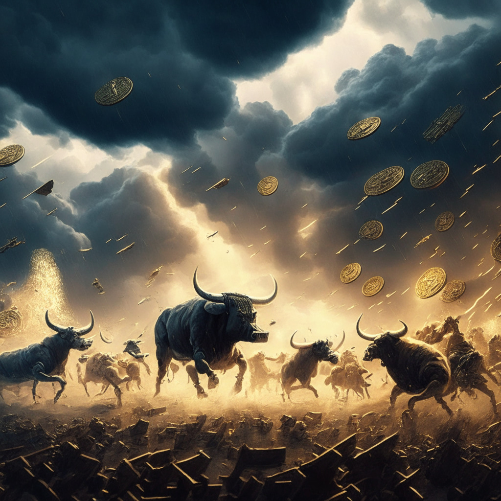 Intricate blockchain battlefield, Bitcoin bulls vs $30,000 support, two armies clashing, gold coins dropping in value, a dimly lit battlefield, financial documents in the air, stormy skies above, a glimmer of hope shining on the Bitcoin soldiers, prevailing against regulatory uncertainties.