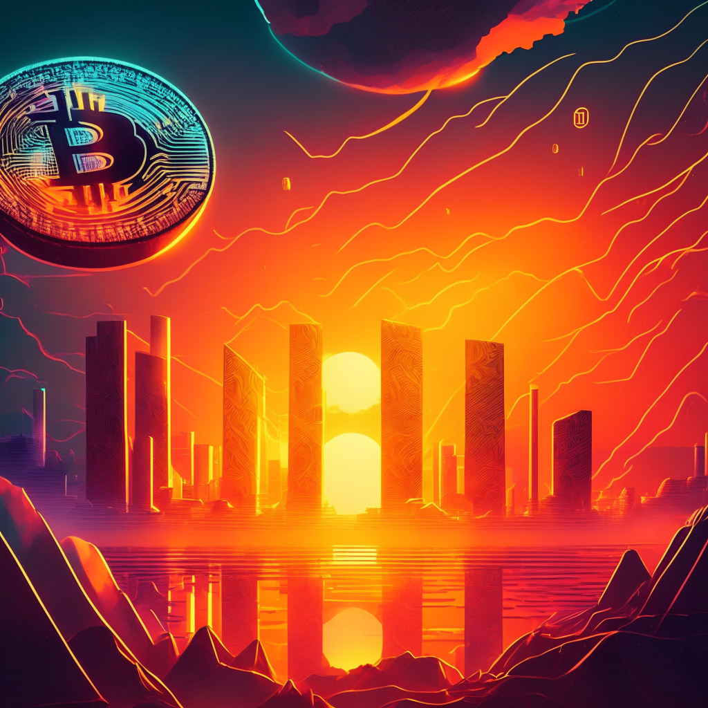 Futuristic financial landscape, Bitcoin Cash soaring high, dramatic sunset lighting, contrast of warm and cool colors, optimistic yet cautiously discerning mood, sleek digital network background, hint of key features - smart contracts, recurring payments, derivatives trading, and crowdfunding.