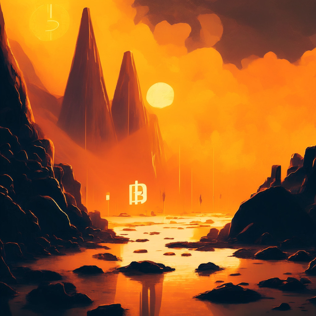 Cryptocurrency landscape, Bitcoin Cash soaring, institutional adoption, skepticism, optimism, warm color palette, expressive strokes, contrast between darkness and illumination, impactful scene, dynamic composition, futuristic atmosphere, prominent cryptocurrencies in the background.