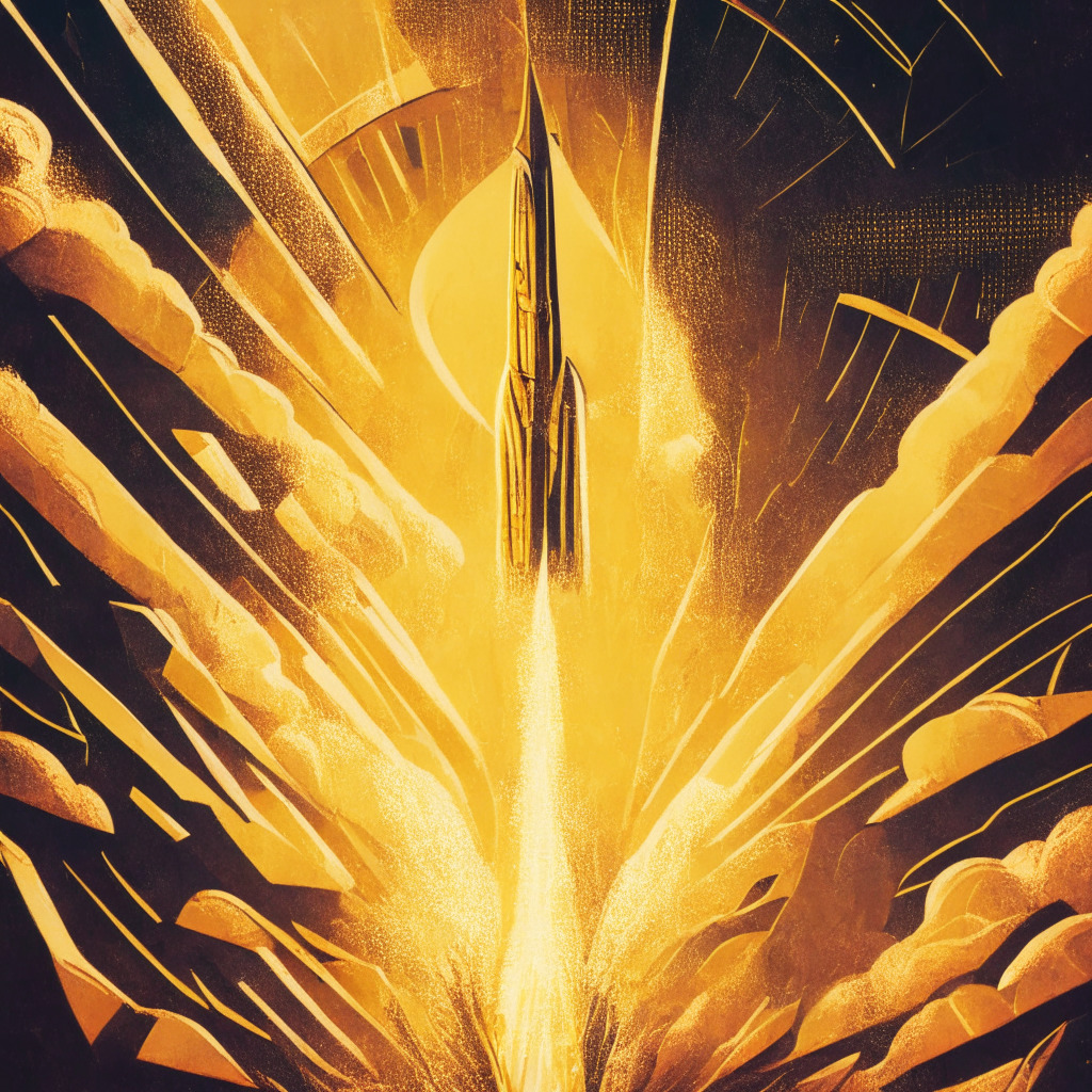 Intricate, golden geometric patterns surrounding a rocket soaring upwards, dusk-lit hues creating an intense glow, impressionistic artistic style, hints of hope, determination, and uncertainty in the scene, reflecting Bitcoin Cash's recent surge, listing on a crypto exchange, possible sustained growth and potential resistance levels.