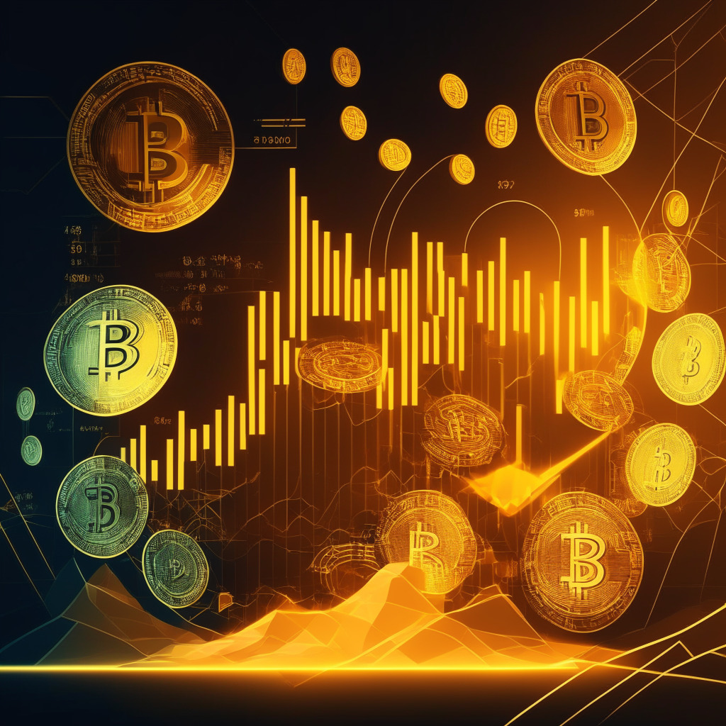 Golden cryptocurrency coins ascending, Bitcoin Cash center stage, Bitcoin, Ether, Litecoin nearby, cool color palette, abstract financial chart background fading into the scene, Art-Deco stylized lines, soft glow lighting, market euphoria mood, contrast between long-term growth uncertainty and recent surge success.