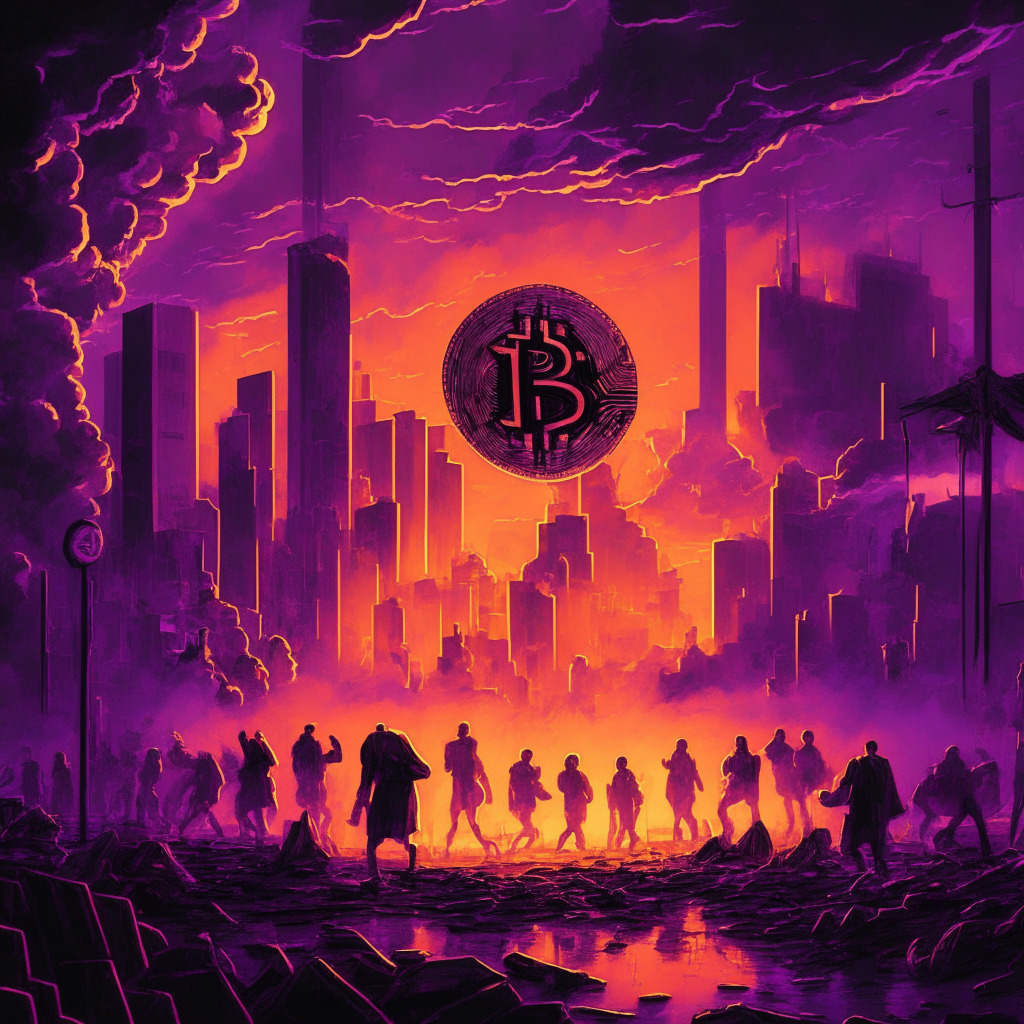 Cryptocurrency chaos: Bitcoin balancing, stormy regulations, altcoin allure, twilight cityscape, anxious traders huddle, glowing screens, contrast of warm amber & cool violet hues, fading sun, uncertainty looms, pivotal moment, market crossroads, shadow of compliance, diverging paths.