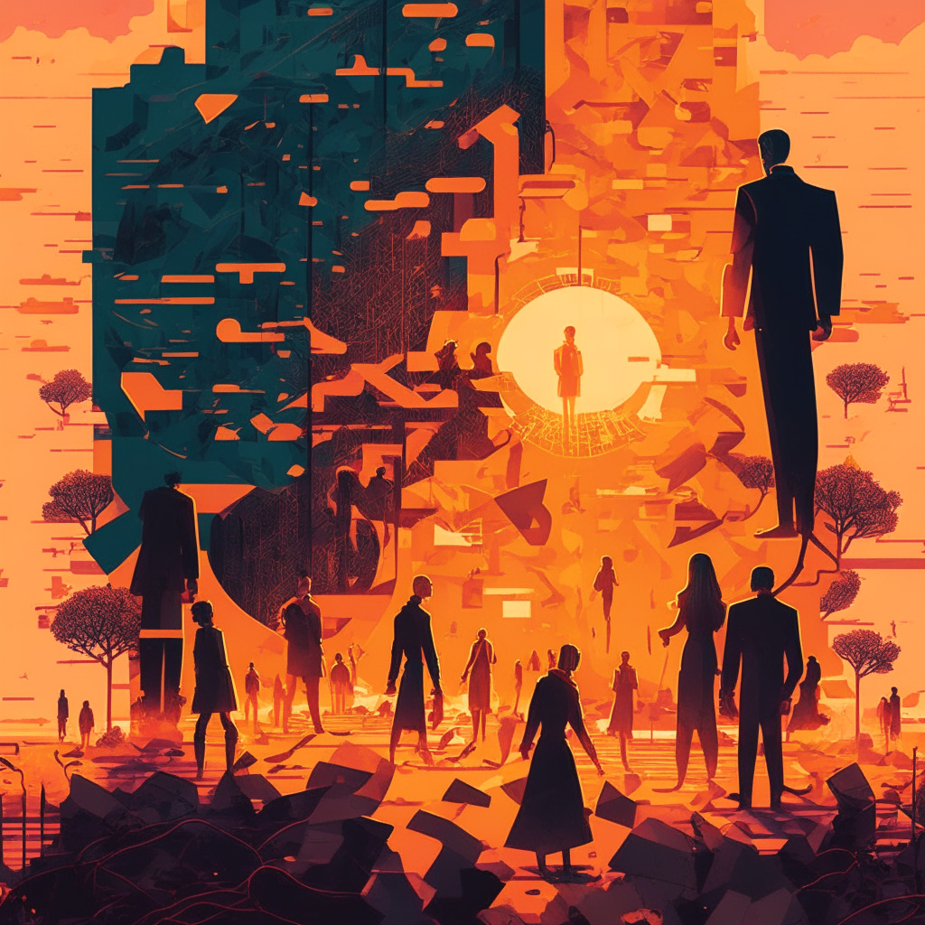 Intricate blockchain illustration, tense SEC reform battle, global crypto shifts, warm color palette, soft sunset light, determining gaze on characters, sense of anticipation, harmonious balance between digital and natural elements, optimistic mood, contrasting shadows.