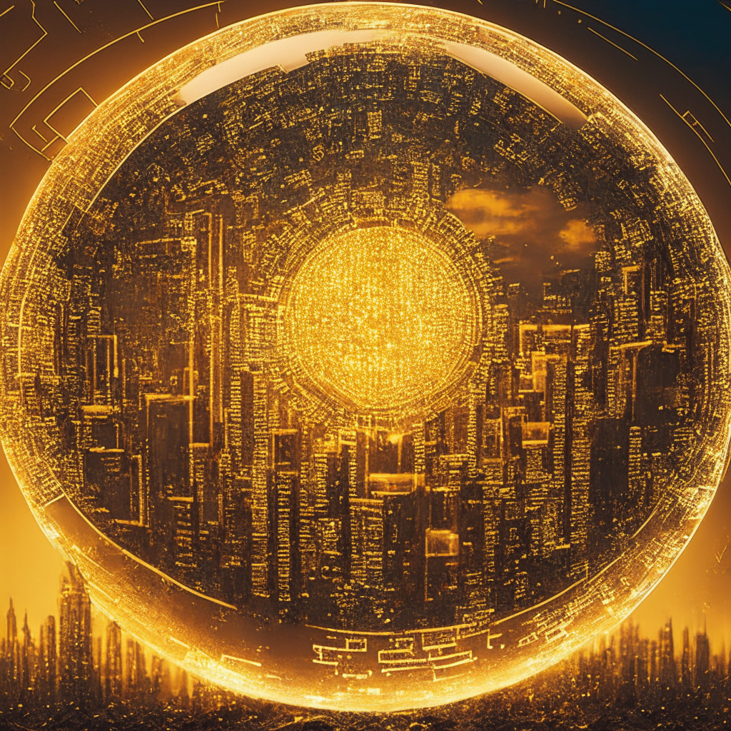 Intricate golden circuit board cityscape, large digital orb reflecting $26,000 above, gleaming classical-style crypto coins scattered, warm glow illuminates futuristic financial landscape, emotional investor faces express bullish sentiment, dramatic skyscape, dynamic composition, energetic hues evoking hope, risk, and thrilling potential.
