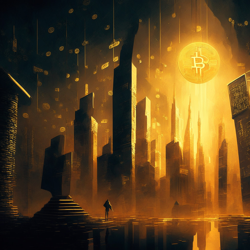 Futuristic financial landscape, Bitcoin ascending, altcoins in shadows, golden dimly lit cityscape, gloomy atmosphere, tense mood, SEC courtroom drama, cryptography-themed abstract art, contrast between stability and turmoil, prophetic indications, artistic embodiment of market fluctuations, 350 characters limit.