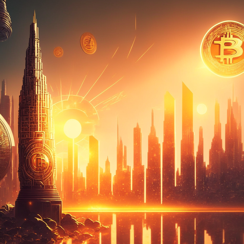 Sunrise over futuristic city skyline, Bitcoin & Ether coins shining brightly, a soaring Aave v3 rocket amidst DeFi symbols, traditional banks in shadow, confident investors, baroque art style, soft golden light, high contrast, hopeful and dynamic atmosphere.