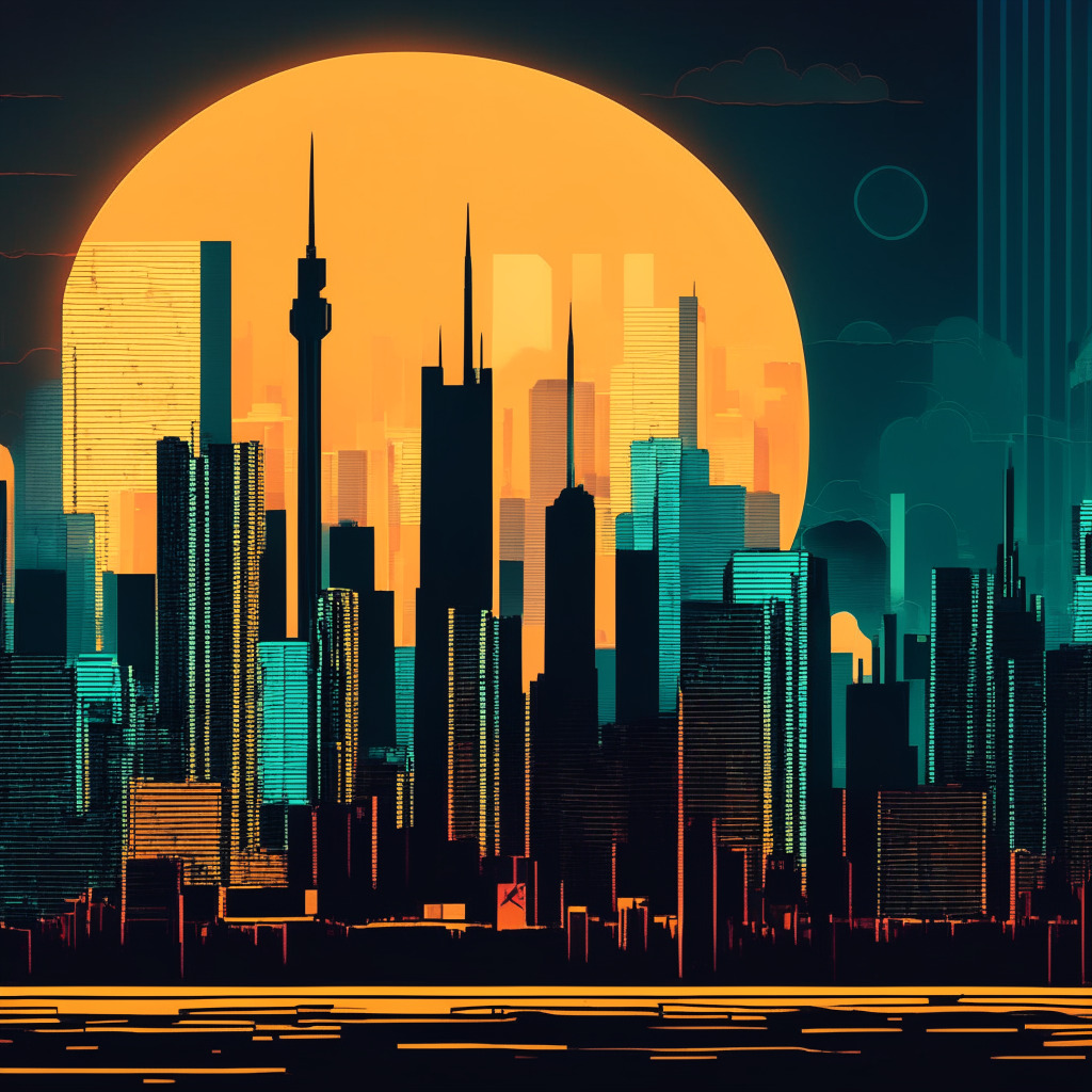 Bitcoin dominance, evening city skyline, market cap chart, altcoins overshadowed, moody atmosphere, shadows and highlights, visual representation of regulatory crackdowns, hints of optimism, Art Deco style, bold colors, compressed perspective, focus on Bitcoin as commodity, cool-toned color palette, subtle glow around city lights.