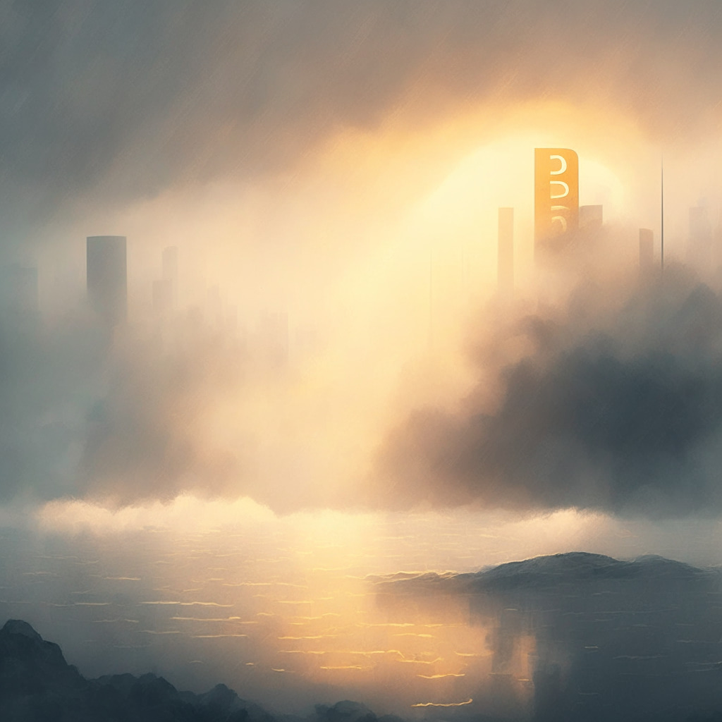Misty financial landscape, Bitcoin downturn, contrast of warm and cool tones, blend of impressionistic and realistic rendering, subdued light with few rays of optimism, tense yet hopeful atmosphere, hints of upcoming halving event, subtle presence of global exchange elements, evocative of shifting tides in crypto world.