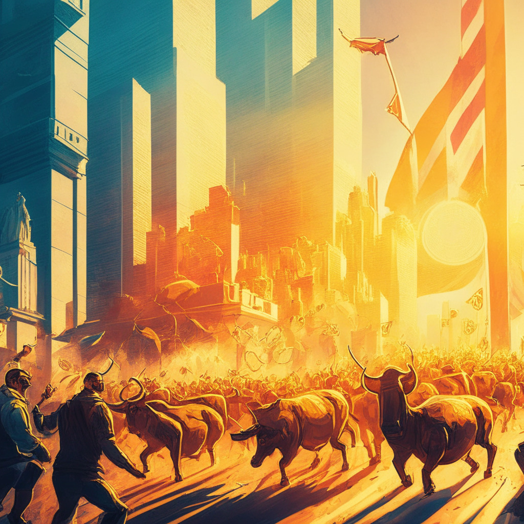 Cryptocurrency rally scene, bulls charging through a city, Bitcoin ETF banners waving, energetic color palette, golden morning light, dynamic composition, mix of realism and impressionism, overall mood: optimism with a hint of caution, city skyline in the background, Fibonacci spiral subtly incorporated.