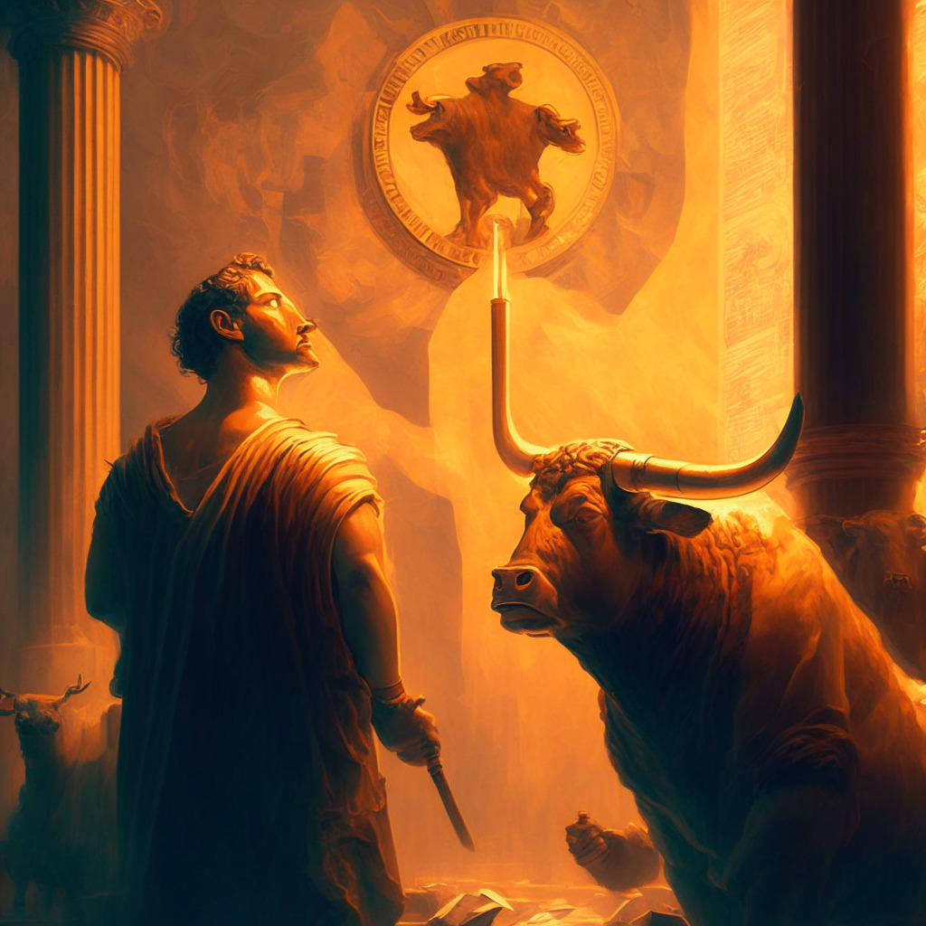 Bullish Bitcoin amidst ETF optimism, troubled Binance withdrawal, UK crypto adoption, division on payment stablecoins, Atomic Wallet hack aftermath, a blend of hope & uncertainty. Art: Renaissance-inspired, chiaroscuro light setting, warm & cool hues, allegorical figures, dynamic composition, contemplative mood.