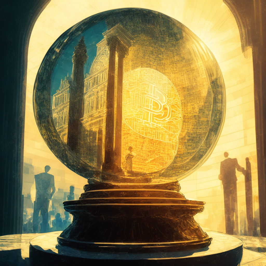 Intricate glass globe on pedestal, reflecting Bitcoin ETF surge, warm sunlit scene, impressionist style, various institutional investors mingling, mood of cautious optimism, silhouette of SEC building casting shadow, Bitcoin price ticker displaying $31,000, no-logos.
