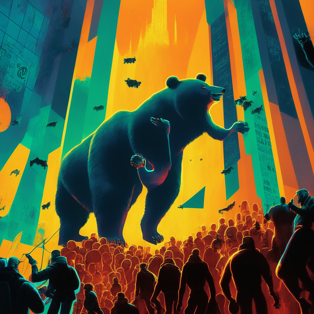 A bustling financial market with cautious traders, a giant Bitcoin ETF application, looming bear and bullish forces, a bright yet uncertain future, an array of cryptocurrencies depicted as hopeful climbers facing overhead resistance, vibrant colors reflecting Bitcoin's dominance, contrasting light and shadow symbolizing risks and opportunities.