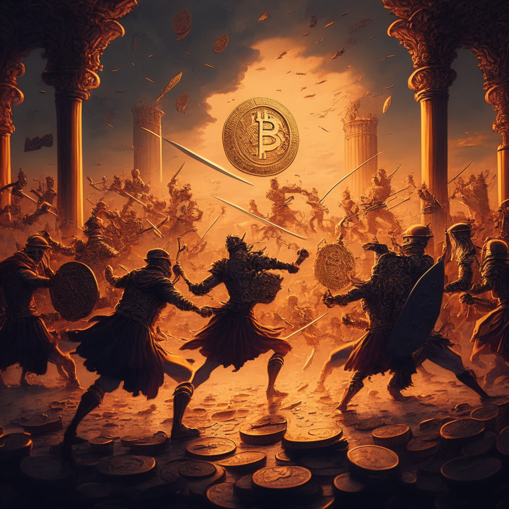 Intricate battle scene, retail investors vs institutions, golden Bitcoin coins at stake, Baroque art style, surreal battlefield, dusk lighting, warm color palette, dramatic mood, anticipation, sense of urgency, tension between two factions, shadowy SEC figures, time running out, ultimate prize of 21-million-btc cap.