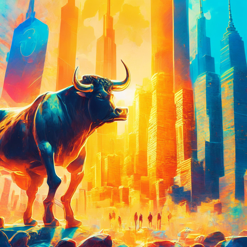 Crypto bull market scene: vibrant financial landscape, futuristic city skyline, investors exchanging virtual coins, warm and glowing sunlight, impressionist art style, lively financial district atmosphere, positive mood, dynamic flow of digital currency, ETF prospects on horizon, defiant against regulatory challenges, optimism despite volatility.