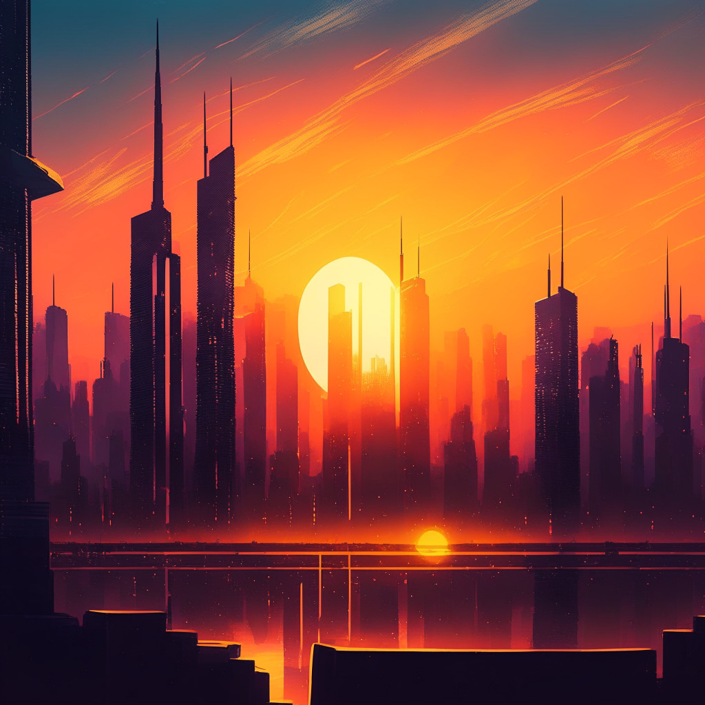 Sunset over city skyline, futuristic financial district, Bitcoin ETF at the forefront, contrasting sense of optimism and caution, cool and warm tones, diverse investors coming together, cyberspace meets physical world, subtle hints of regulation, glowing cryptocurrency symbols, dynamic brushstrokes, chiaroscuro lighting, empowering yet mysterious mood.
