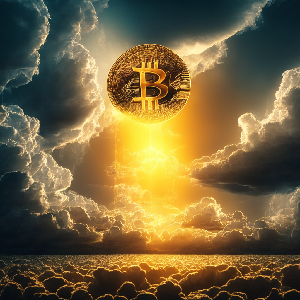 Cryptocurrency resurgence, spot Bitcoin ETF filings, institutional investment boost, uncertain regulatory environment, stormy financial sky, newfound optimism, crypto evolution milestone, traditional financial powerhouses entering, dynamic market transition, soft golden glow.