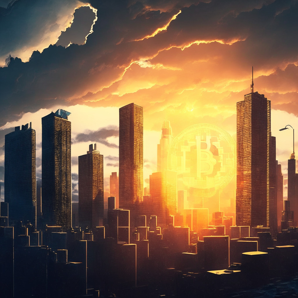 Sunrise over digital cityscape, Bitcoin soaring above $30,000, ETF applications flying towards SEC building, prominent firms supporting a new exchange, contrasting with dark clouds symbolizing SEC crackdowns & tightened policies, hint of optimism amidst uncertainty, mood of cautious growth.
