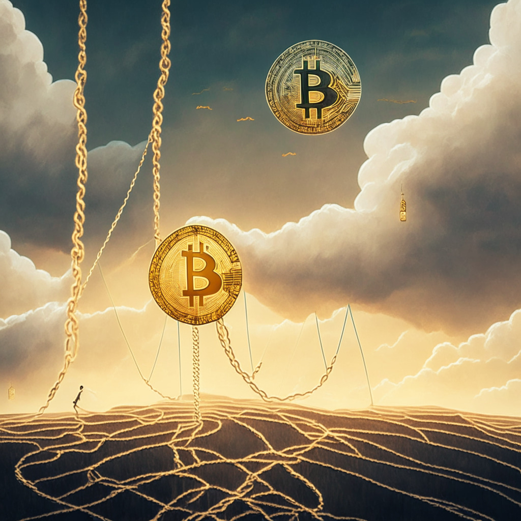 Intricate financial landscape, Bitcoin above $30,000, warm golden light, uncertain mood, looming clouds, institutions and regulations in the background, advancing convergence in traditional & digital finance, delicate balance on a tightrope, Web3 technology in the distance.