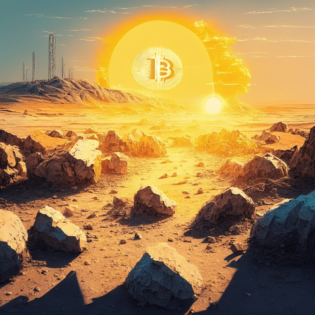 Bitcoin Halving Challenge 2024, barren landscape, competitive miners, sun low on horizon, chiaroscuro light, survival of the fittest, spectrum of cool and warm colors, tension & adaptation, industrial machinery, human & nature contrasts, cautious growth, Crypto Renaissance, hopeful future.