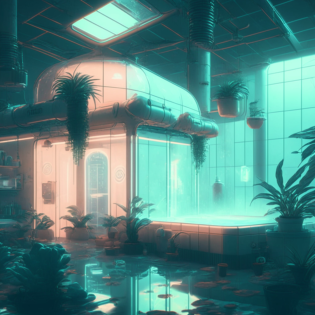 Futuristic bathhouse scene, cyberpunk aesthetic, warm glowing pools, Bitcoin mining rigs integrated, heat exchangers in action, contrast of relaxation and technology, soft lighting with a steampunk-inspired greenhouse background, calming Antminer white noise, whimsical yet moody atmosphere.