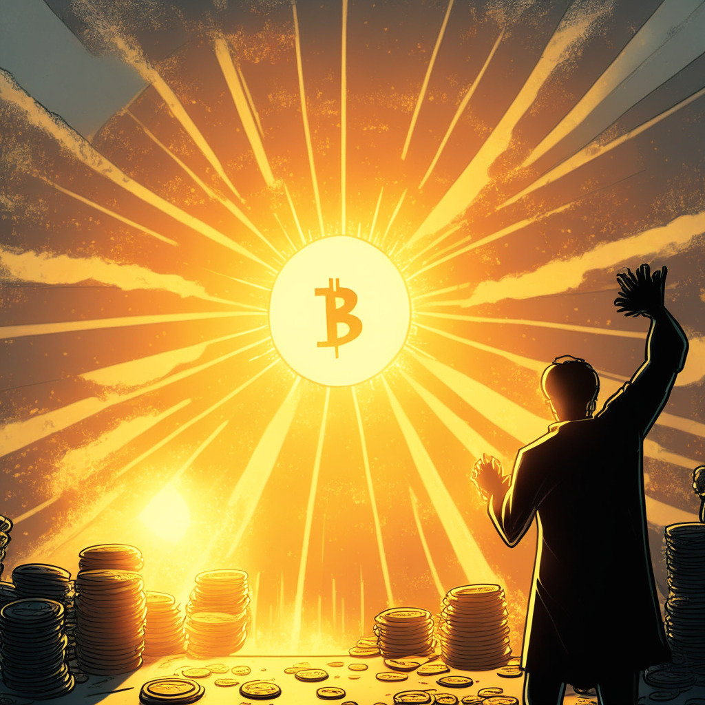 Crypto market recovery, Bitcoin leading, SEC crackdown on altcoins, Binance and Coinbase lawsuits, Ethereum and other altcoins recovering but less pronounced, Bitcoin and Ethereum considered commodities, mood of cautious optimism. Artistic style: graphic novel, light setting: sunrise with rays illuminating the cryptocurrencies, atmosphere: resilient strength.