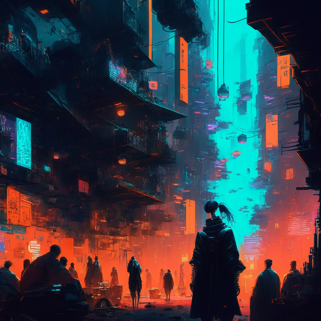 Intricate cyberpunk city, Bitcoin blockchain interconnections, crowded memecoin market, contrasting light & shadow, intense hues, NFTs & digital collectibles thriving, tense atmosphere, debate on network congestion vs. flexibility, diverse characters in dialogue, balance between growth & order.