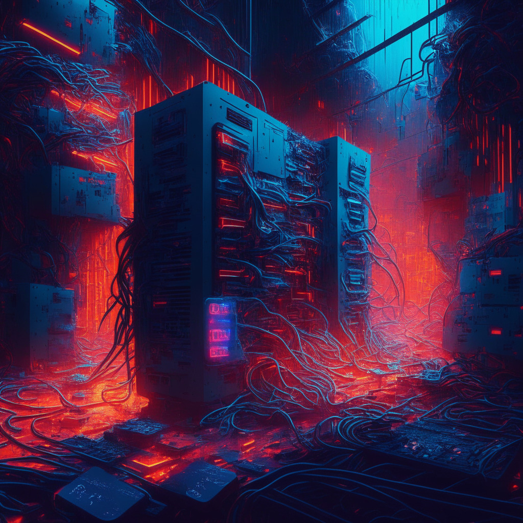 Dimly lit computational chaos, intricate maze of mining rigs, cool blue and fiery red hues, palpable tension, overworked hardware in a summer heatwave, decline in earnings represented by diminishing light, contrast between thriving technology and struggling economy, electric crackling atmosphere.
